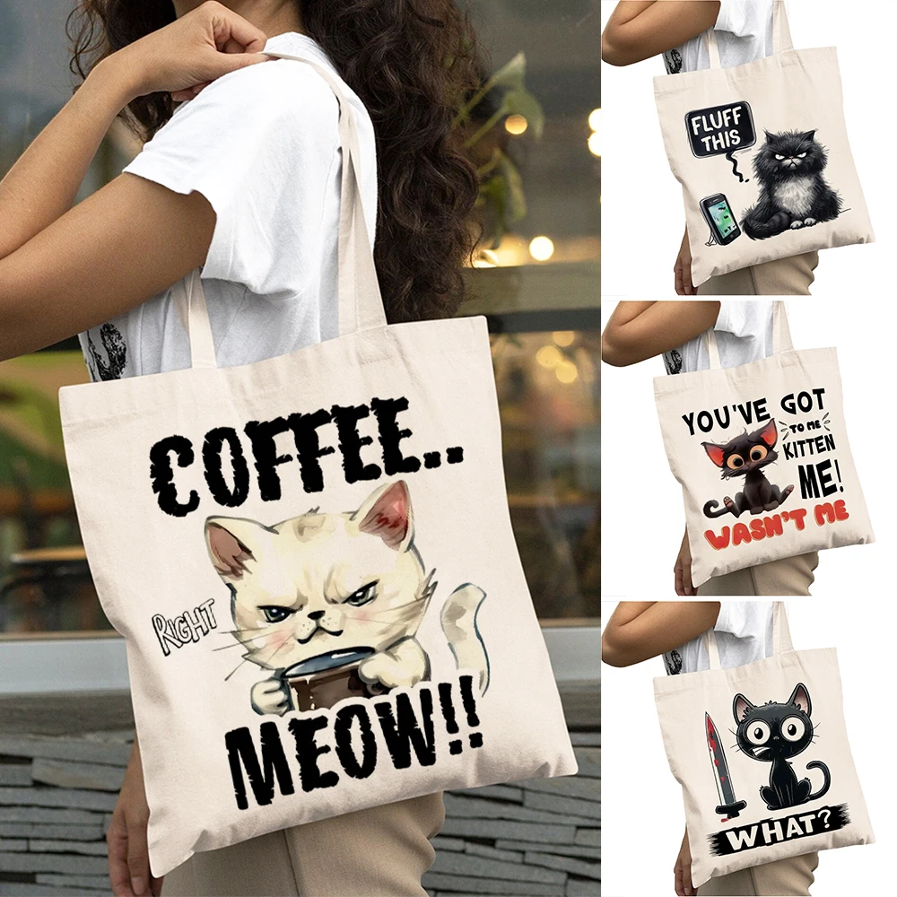 

Fashion Quirky Cat Lady Shopping Bags Double Print Kitten Women Daily use Shoulder Handbag Sassy Feline Girl Shopper Bag 40x45cm
