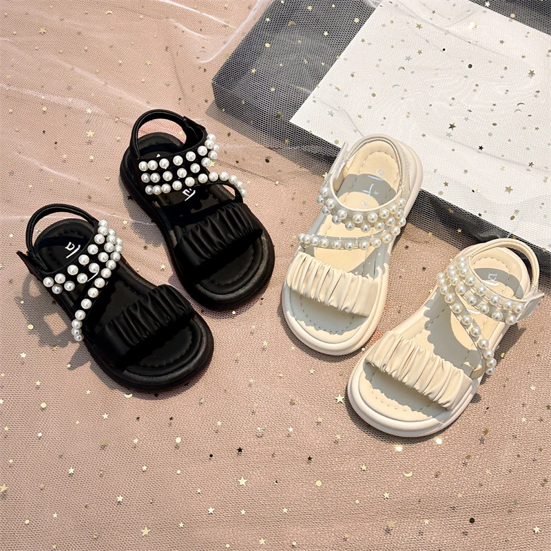 Girls Princess Pleated Sandals Kids Summer Beach Shoes Sweet Soft Sole Children Pearls Sandals Open Toes 2025 Summer New