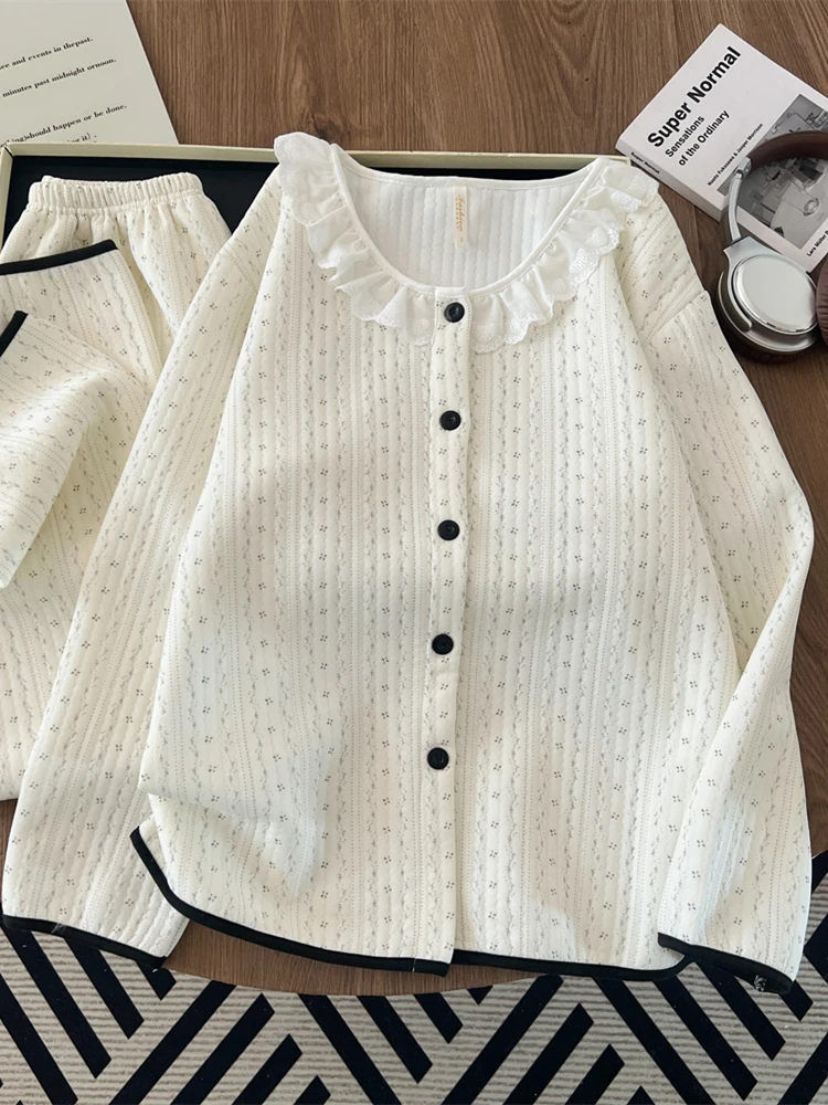 Sweet Floral Lace Trim Home Clothes Set Korean Style Air Layer Sleepwear for Girls Warmth Guaranteed Cotton Polyester Blend