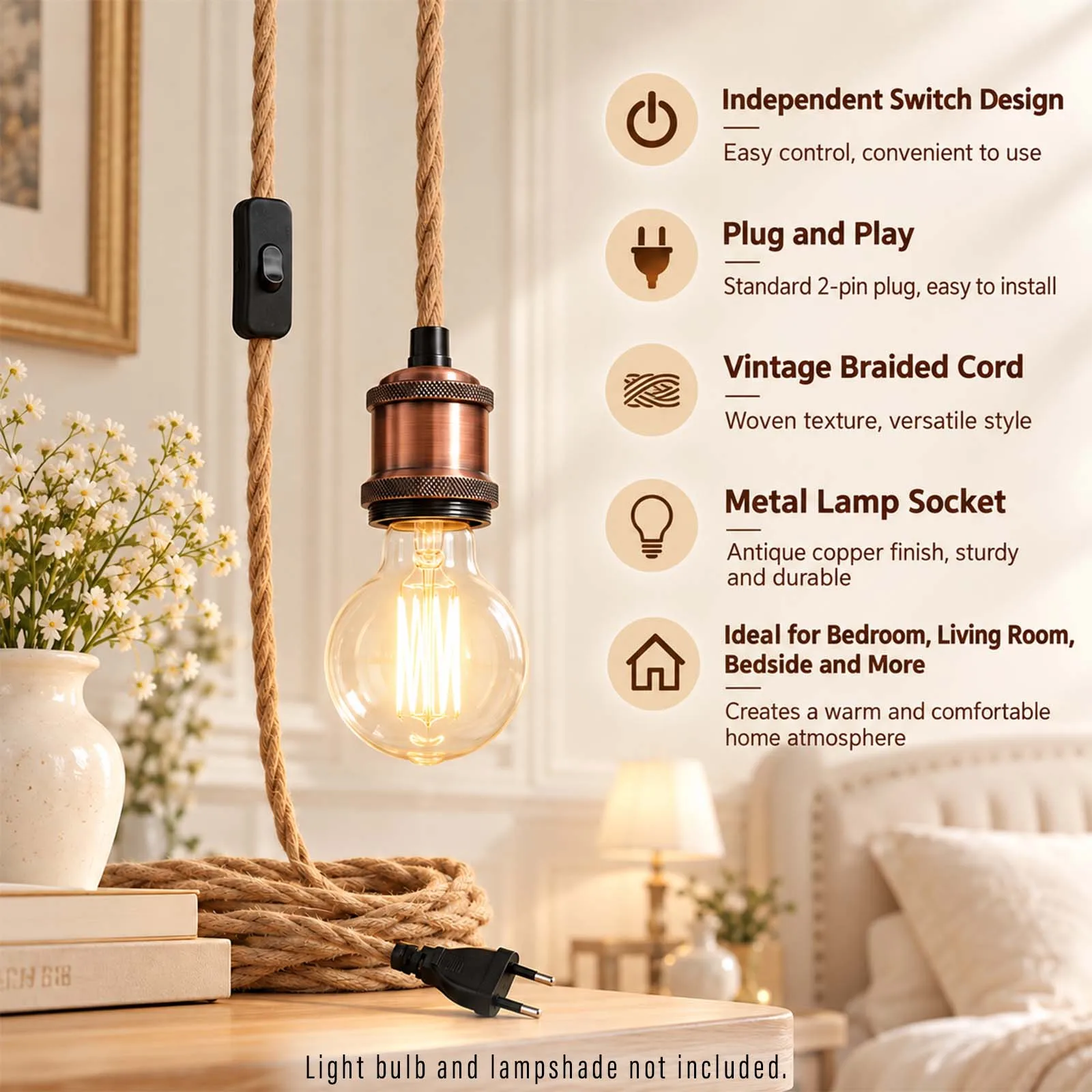 Lamp Cord Set, Hemp Rope Wire, Copper Metal Socket, On Off Switch, EU Plug, Plug and Play, Living Room, DIY