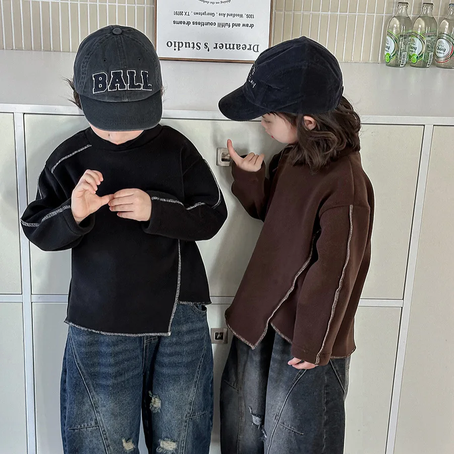 جديد الشتاء الاطفال الياقة المدورة قاعدة قميص 1-7Y نمط فريد الفتيان سميكة الدافئة البلوز الكورية فضفاضة الأطفال الشق القمم الفتيات الملابس #6