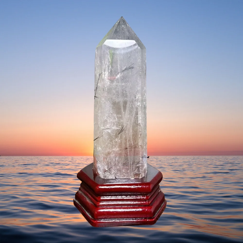 Big Natural Clear Quartz Tower with Black Tourmaline And Rutile Rainbow Home Decor Ornament with Stand Flashy High Quality