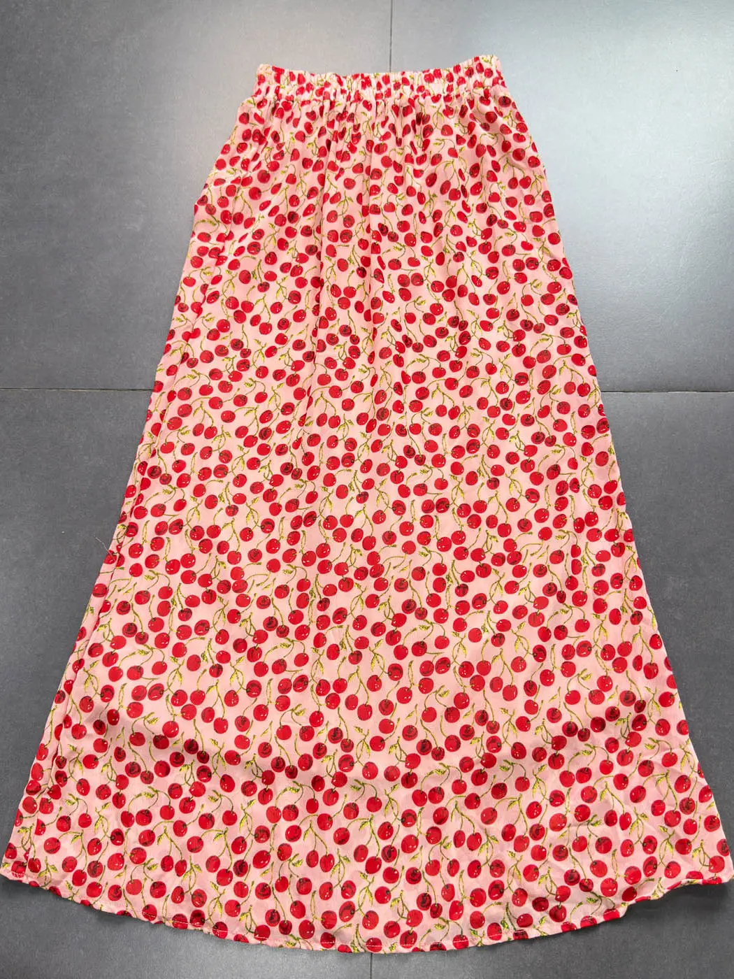 Sweet Cherry Red Satin Elastic Waist Skirt Midi Skirt A-Line Silhouette Travel Friendly Polyester Fiber Printed Design