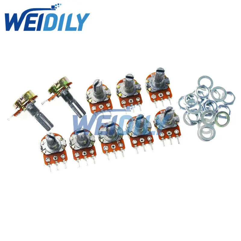 10PCS 20mm Shaft WH148 Linear Potentiometer Kit Single Joint B1K 2K 5K 10K 20K 50K 100K 250K 500K 1M ohm 3Pin With Nut And Washe