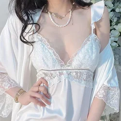 Sexy Womens Nighty Robe Set Hollow Out Lace Nightgown Sleepwear Satin Bathrobe Gown Casual Kimono Home Dress Lounge Wear