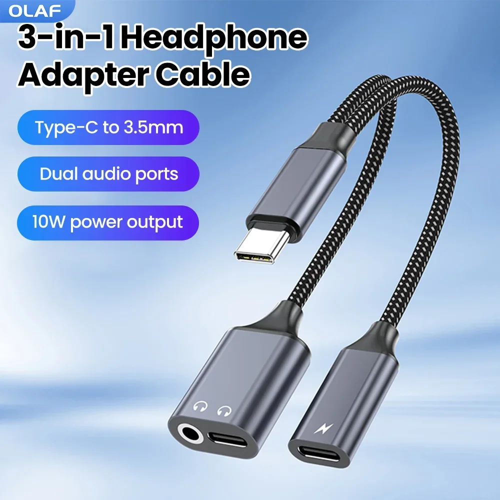 3 in 1 PD 10W Charge Adapter For Iphone 15 16 17 Samsung Type C to Dual Type C/3.5mm Jack Audio Adapter Cable Headphone Adapter