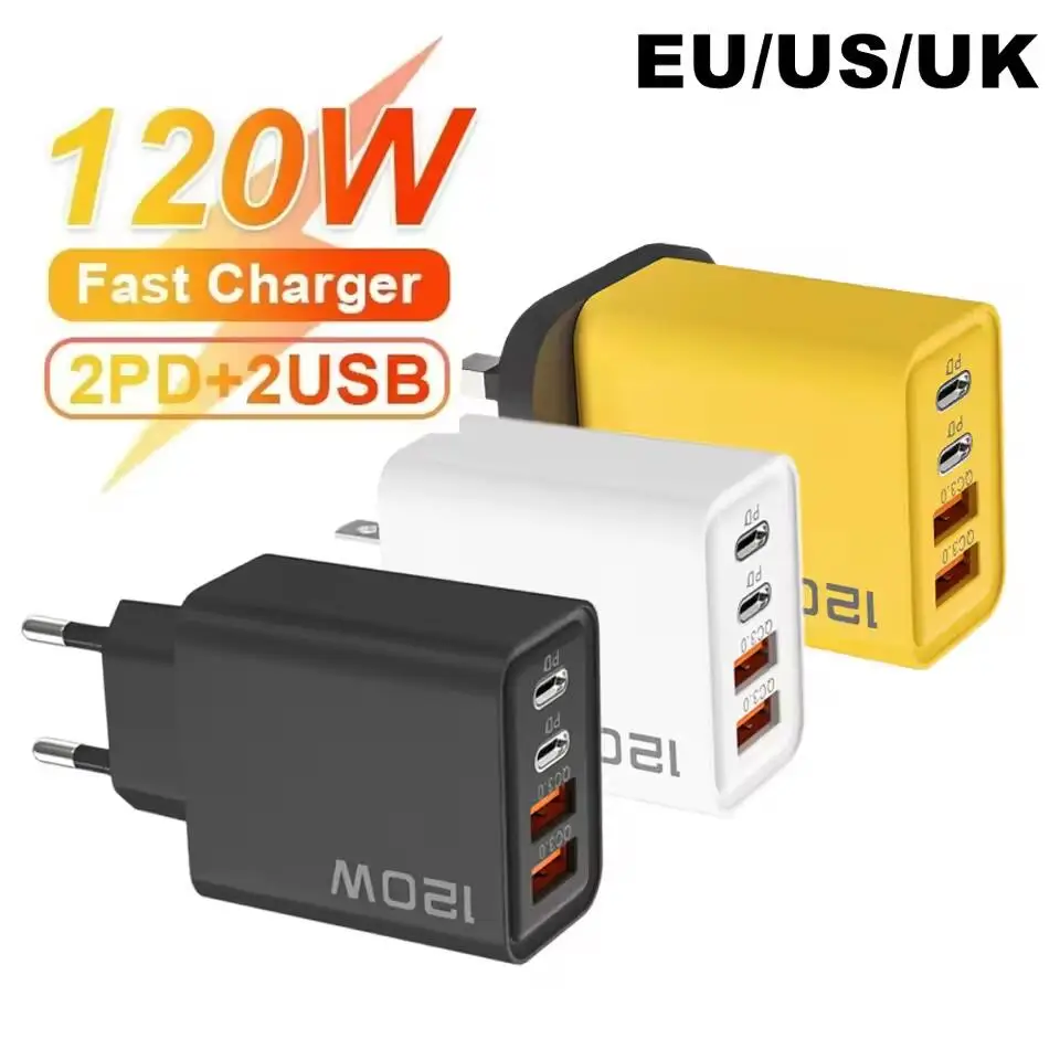 120W USB Fast Charger Quick Charge 3.0 Type C Mobile Phone Charger Adapter For iPhone Samsung Xiaomi EU/US/UK Plug Wall Charger