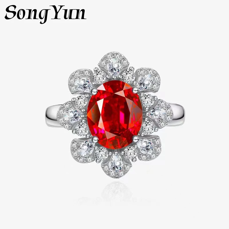 SONGYUN High Carbon Gemstones Jewelry S925 Sterling Silver Women's Ring, Pigeon‑Blood Red, Golden Yellow & Green Nano Gemstone