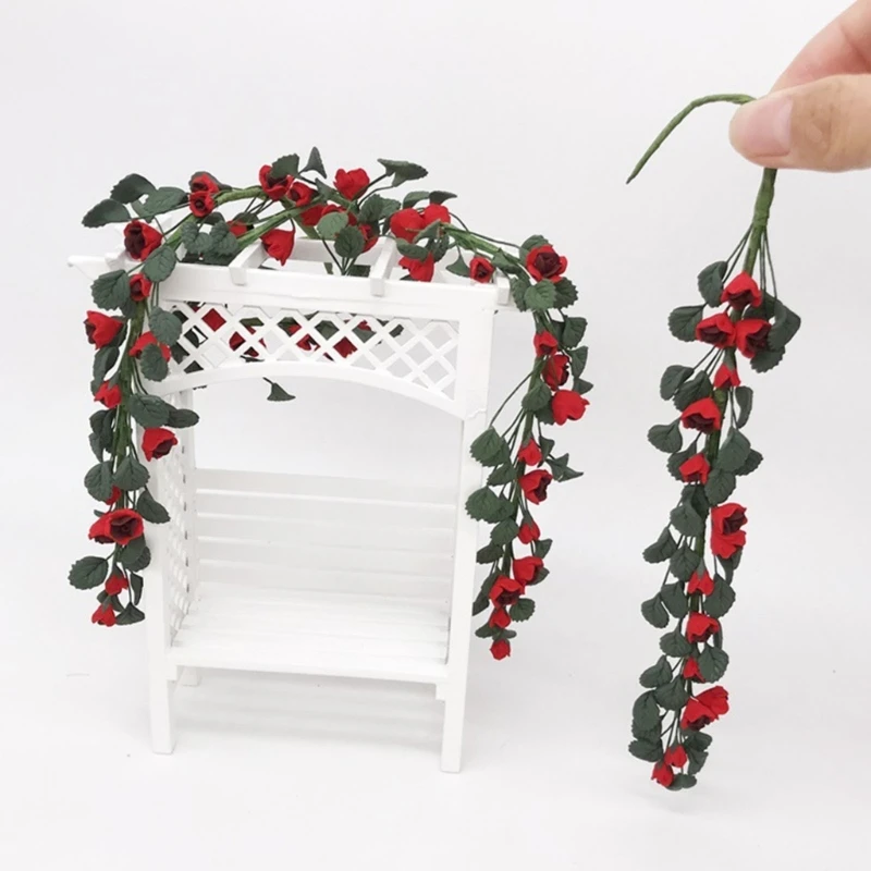

2pcs 1:12 Scale Dollhouse Garden Miniature Rose Vine Mini Resin Fake Flower Vine Hanging Plant For Dollhouse Swing Piano Decor
