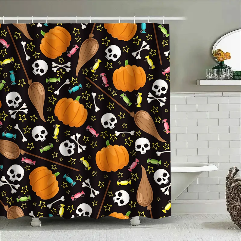 

Туну Хэллоуин жуткий занавес, милые тыквы, черепа, летучие мыши, призраки, конфеты, черный, страшный, забавный, домашний декор, декор ванной комнаты