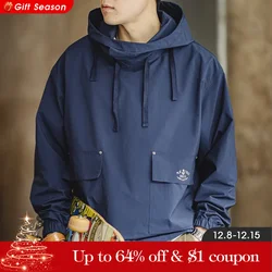 Maden Men's Vintage Deck Smock Hoodies Outdoor Windproof Hoodie Loose Pullover Jacket with Large Pockets Printed Clothing Tops