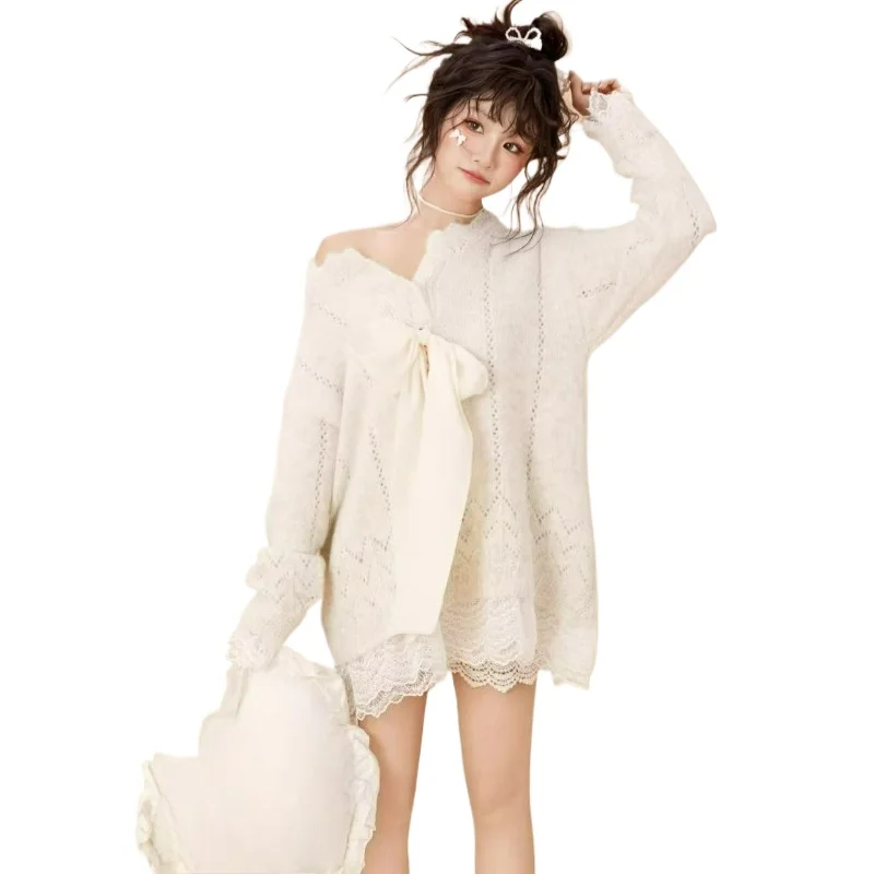 

Корейская версия, нежный стиль, однотонный нишевый кружевной свитер с бантом, осень-зима 2026, новый большой свободный тонкий вязаный свитер