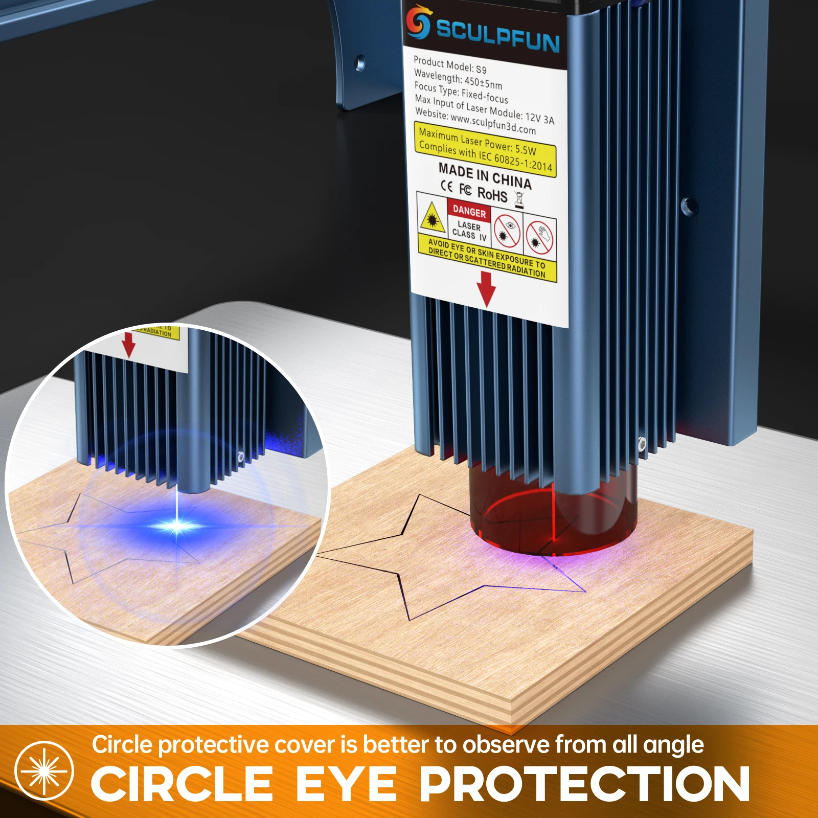 SCULPFUN S9 5W Macchina per incisione laser ad effetto Tecnologia di modellatura del raggio laser ultrasottile Macchina per incisore acrilico 410x420mm