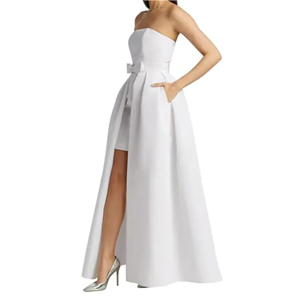 

Women's Wedding Mini Dress Satin Strapless Sleeveless Backless Above Knee Dress with Drag Tail for Cocktail Banquet Party