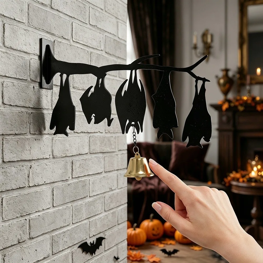 2D Flat Inverted Branch Bat Wind Chime with Bell Spooky Hanging Bat Pendant Wall Mount Acrylic Hanging Door Bell Hallway