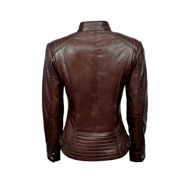 NEW Style Women Dark Brown Authentic Lambskin Pure Leather Jacket Biker Zip Coat