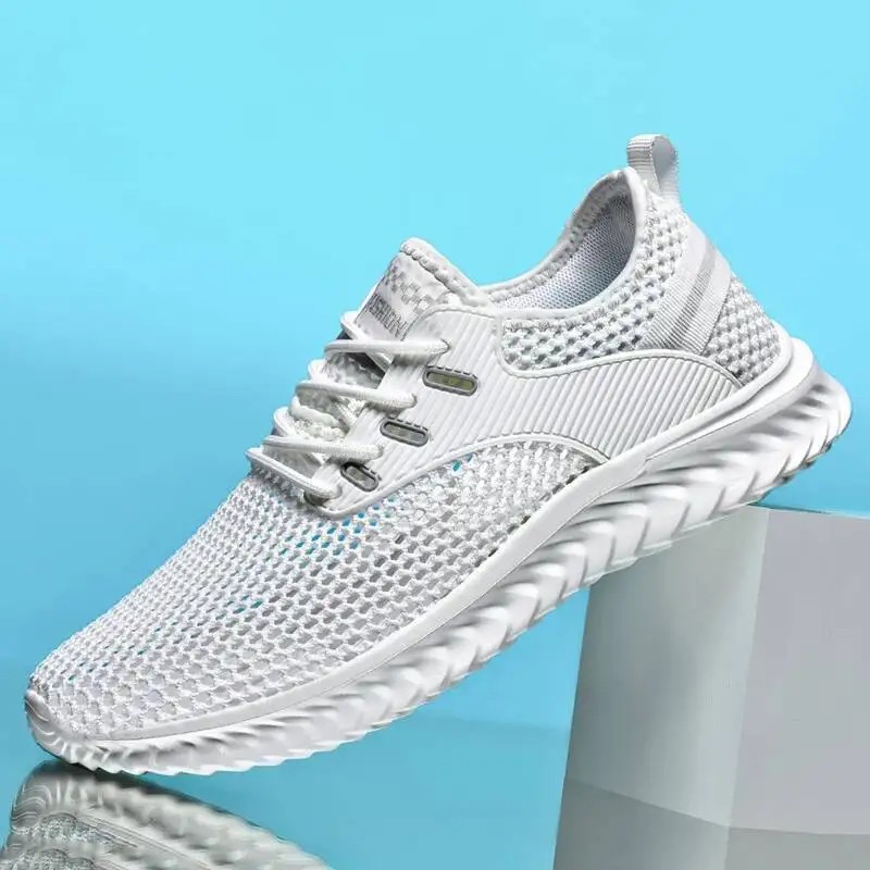 

Мужские кроссовки, легкие летние повседневные сетчатые спортивные прогулочные теннисные модные вязаные кроссовки на плоской подошве, большие размеры, вулканизированная мужская обувь