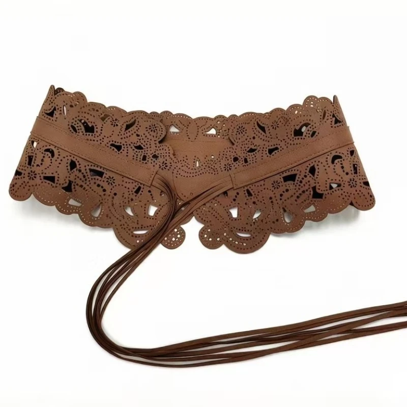 

Korea Style Faux Leather Wide Waist Belt Beautiful Hollow Lace All Match Suede Waistband Women's Dress Decorative Belt