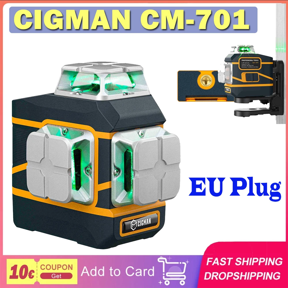 CIGMAN CM-801 3x360° Self Leveling Laser Level 3D Green Cross Line IP54 with Dual Rechargeable Batteries Remote Controller