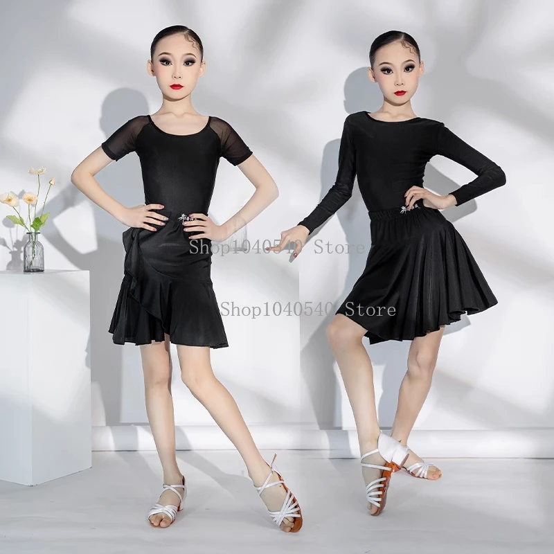

Children Latin Dance Dress Ballroom Baby Girl Top Skirt Black White Design Stage Clothing Salsa Samba Dance Costume New Style