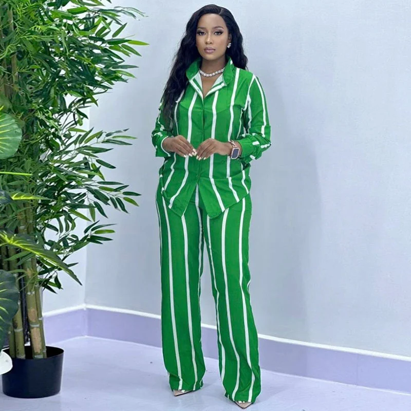 Spring Two Piece Suit for Women Green Striped Trouser Set Chic Tops Wide Pants Party Outfits Para Mujer Tracksuit Y2K Streetwear