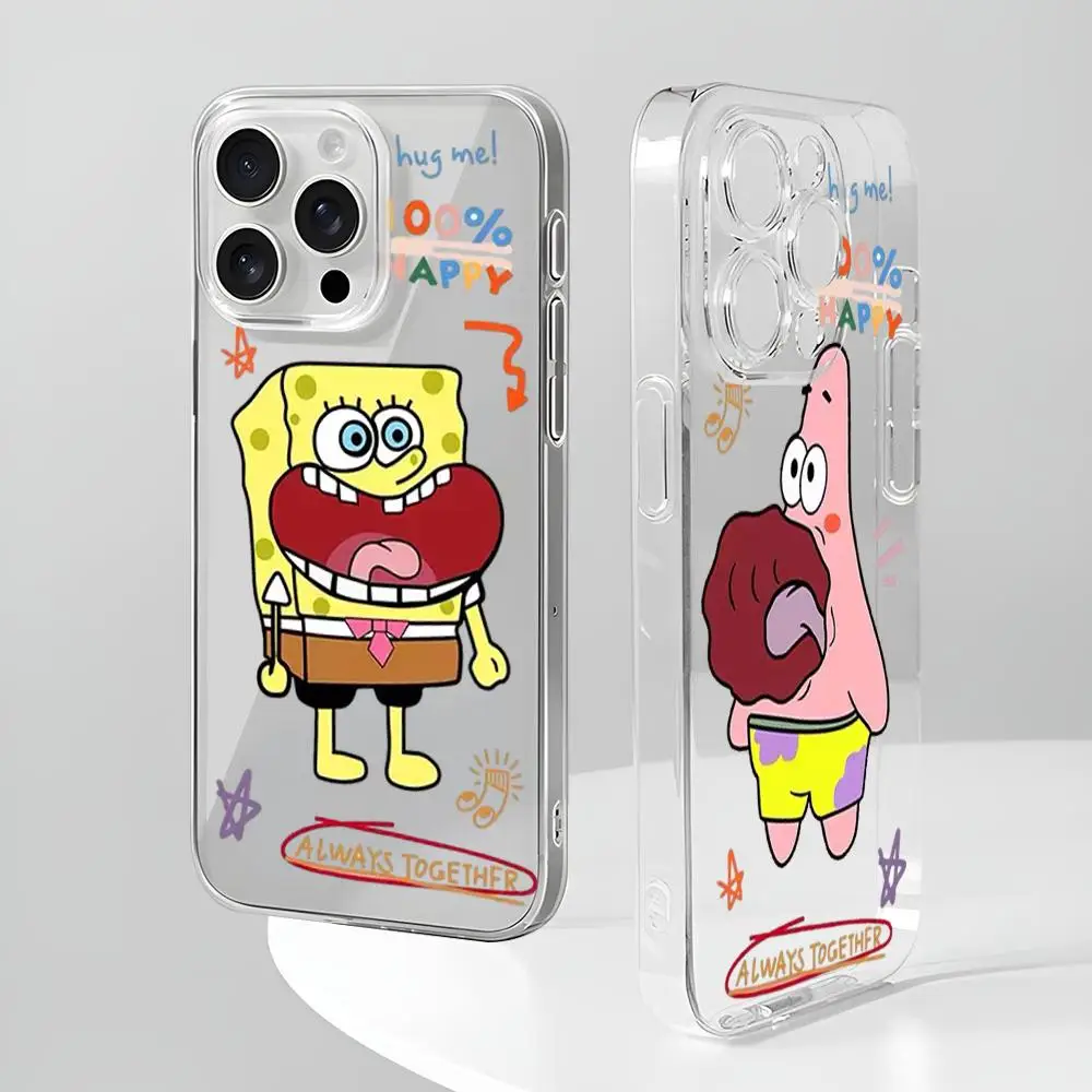 SpongeBob SquarePants cartoon Phone Case new For iPhone 16 15 14 12 13 11 Pro Max Mini X XR XS Plus Black Silicone transparent c