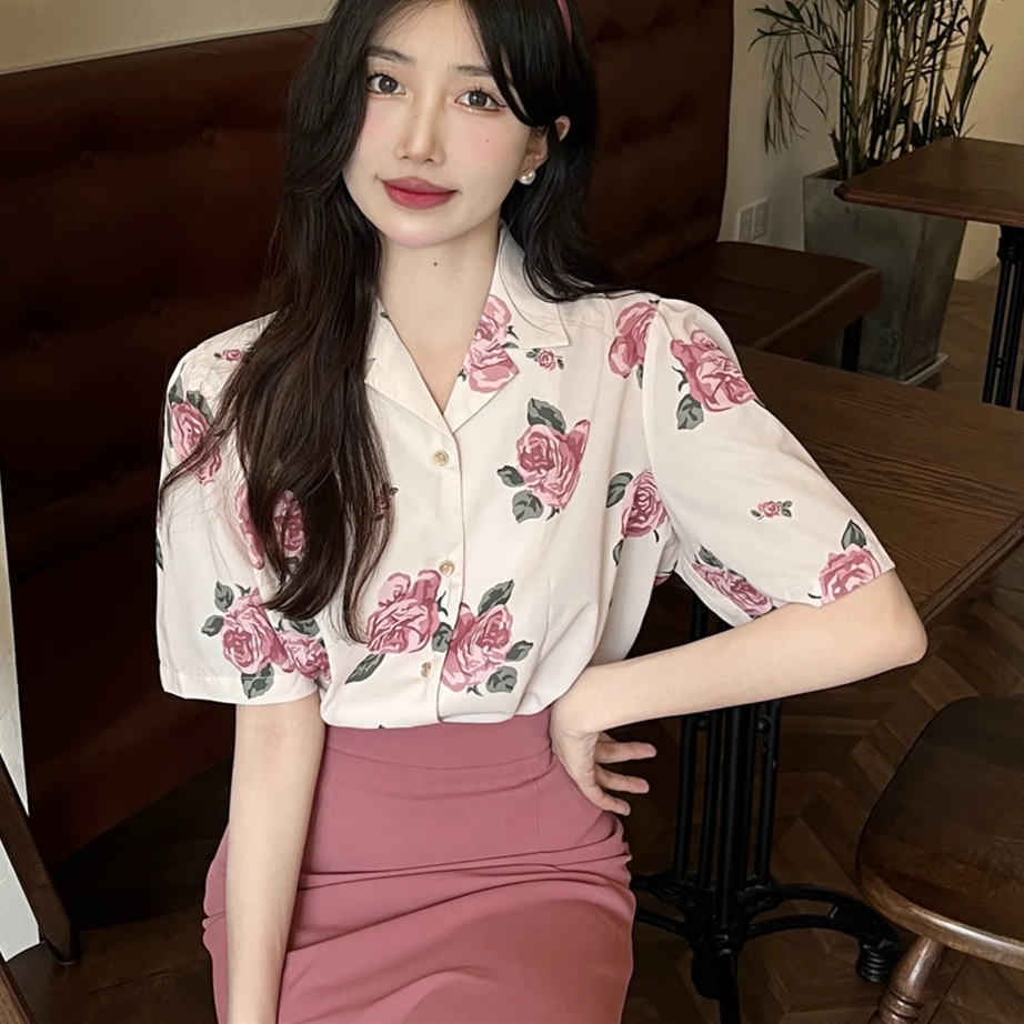 Vintage Cuban Shirts Elegant Office Lady Rose Flower Pattern Blouse Apricot Short Sleeve Cardigan Button Up Shirt Korean Summer