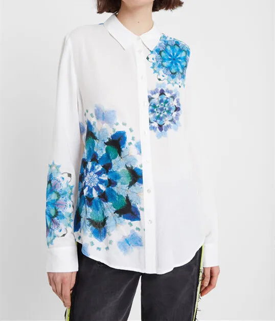 

Asymmetric Print Open-Ne White Women's irt Casual Fit Long Sve Breathable Comfortable Skin-Friendly Chinese Production