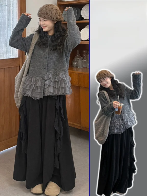 

Slimming Large Size Knitwear Wooden Trim Splice Single Button Women's Faionable Versatile Slimming Knitted irt