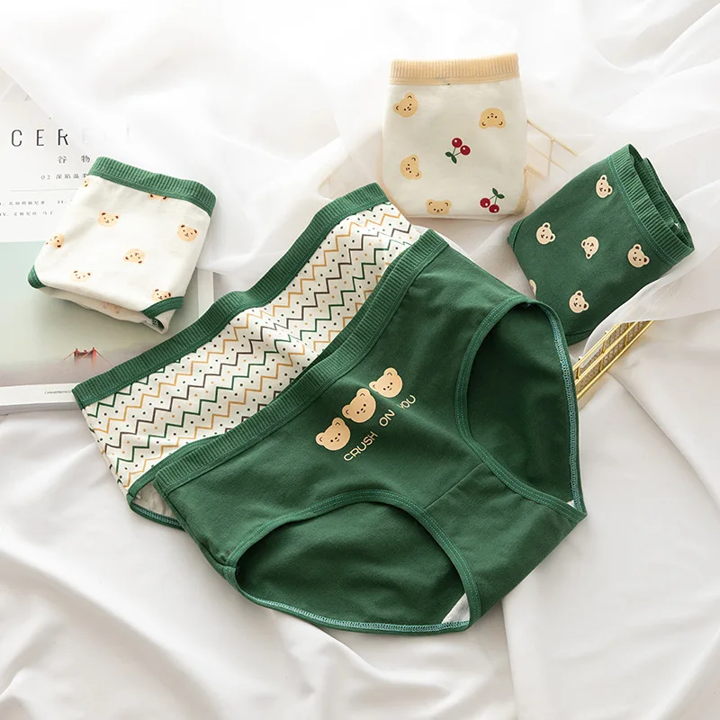 New Japanese Women's Underwear Breathable Cute Green Cotton Crotch Briefs Mid-waist Cartoon Student Comfortable Underwear