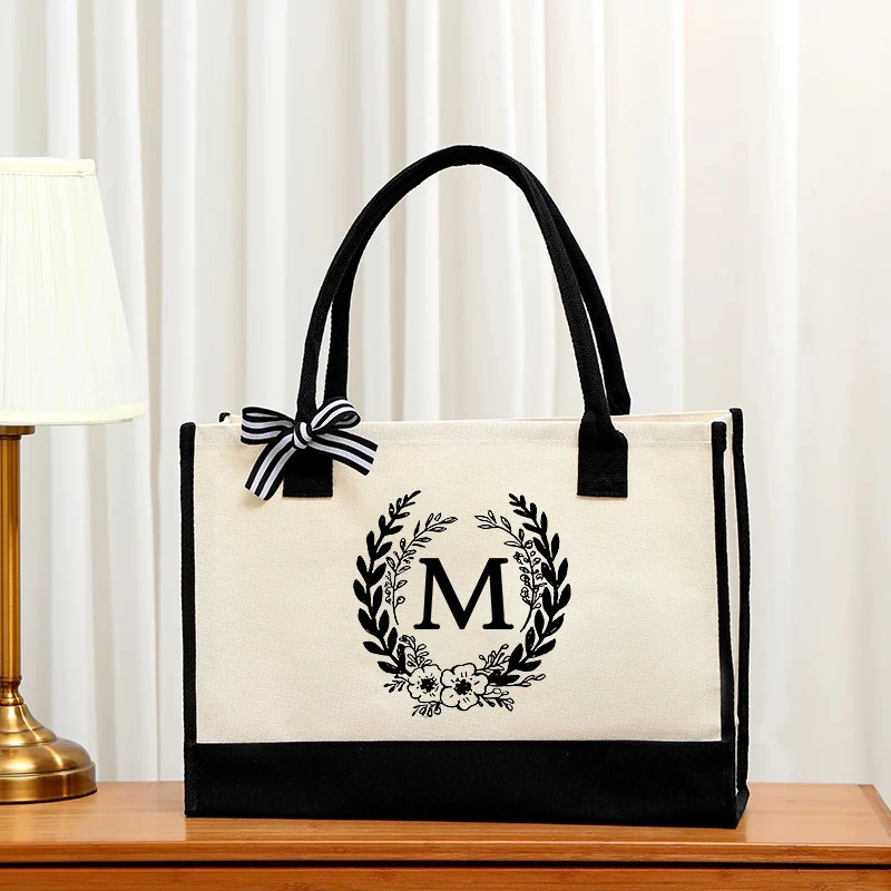 

26 flower letter pattern three-dimensional handbag, fashionable canvas handbag, shopping bag, beach bag, large capacity