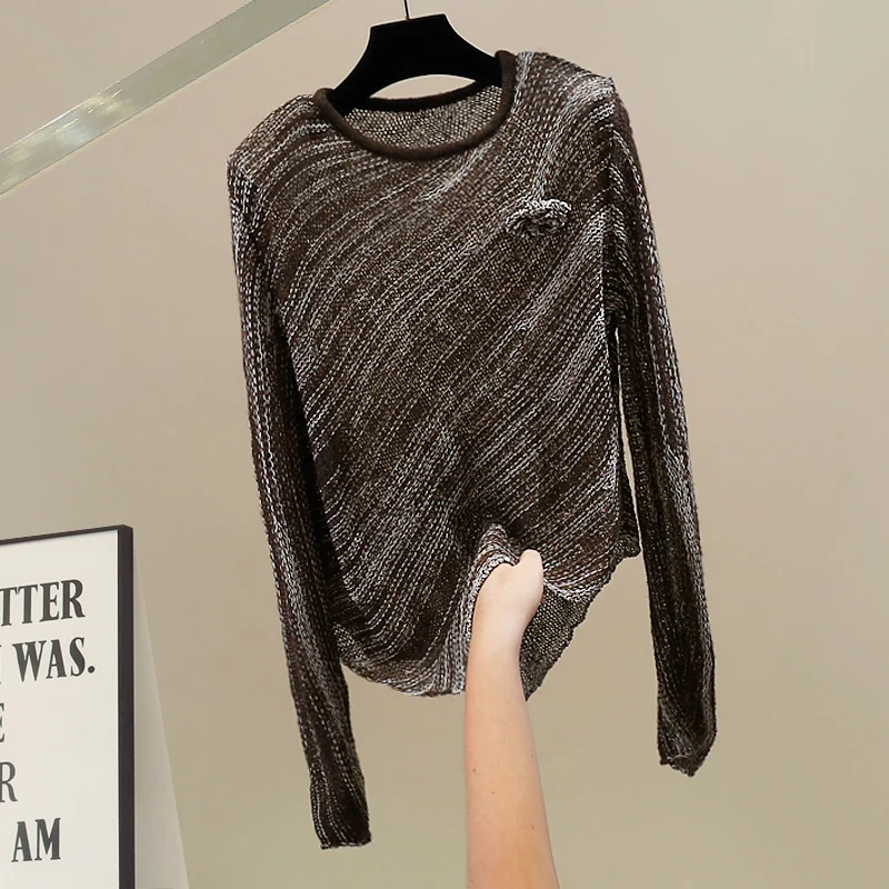 

Sexy Heavy Knit Long Sve round Ne Loose Cotton Blend Faion Top Hollow out Floral Decoration Versatile Casual Commute S...