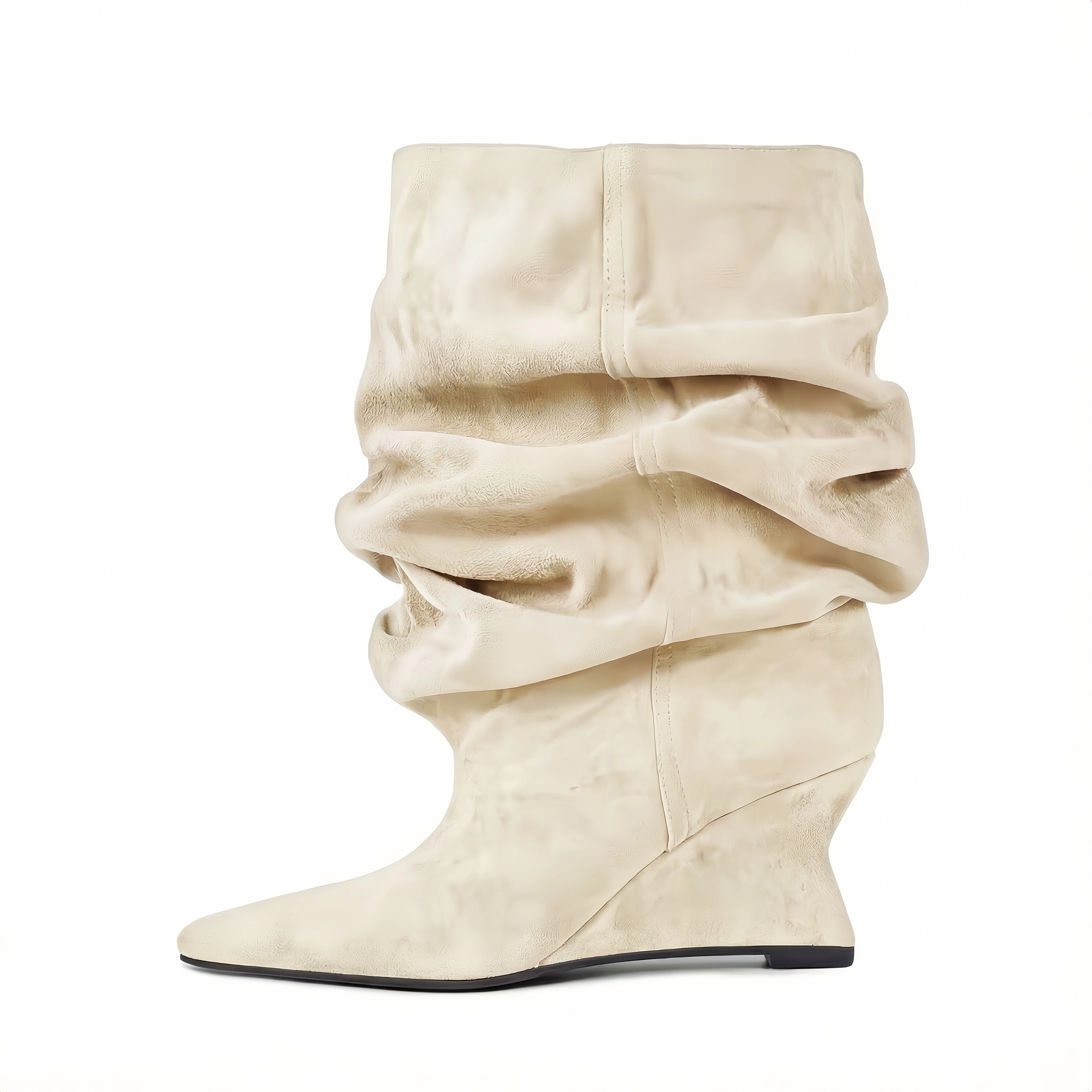 

Arden Furtado Winter cream suede Large tubular boots Pointed to slip-on Wedges Pleated Knee high boots Extra large size boots