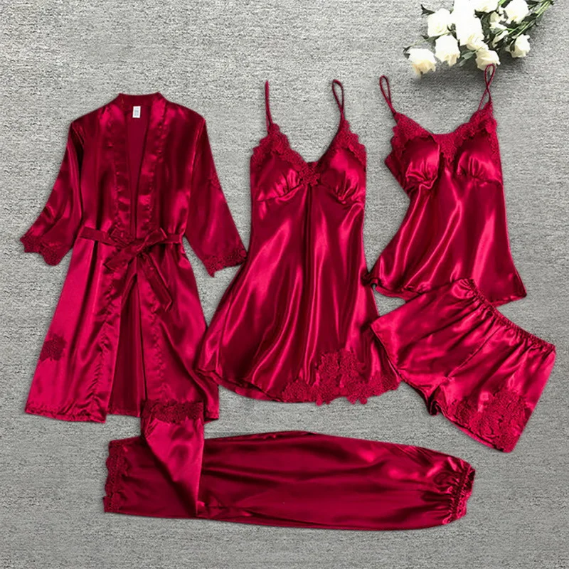 

Leepwear Female 5/4/2PCS Pajamas Set Satin Pyjamamas Lace Patchwork Bril Wedding Nightwear Rayon Home Wear Nighty&Robe Suit