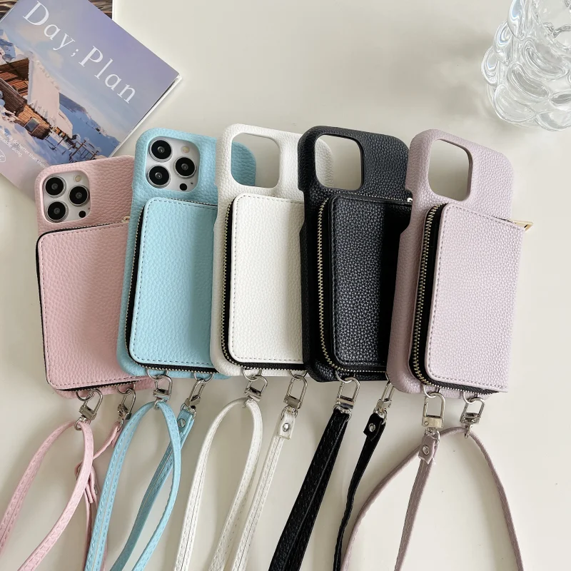 Card Bag Wallet Cases for iPhone 14 15 13 Pro Max Sases Leather Zipper Lanyard Phone Case for iPhone 14 15 Plus Sases