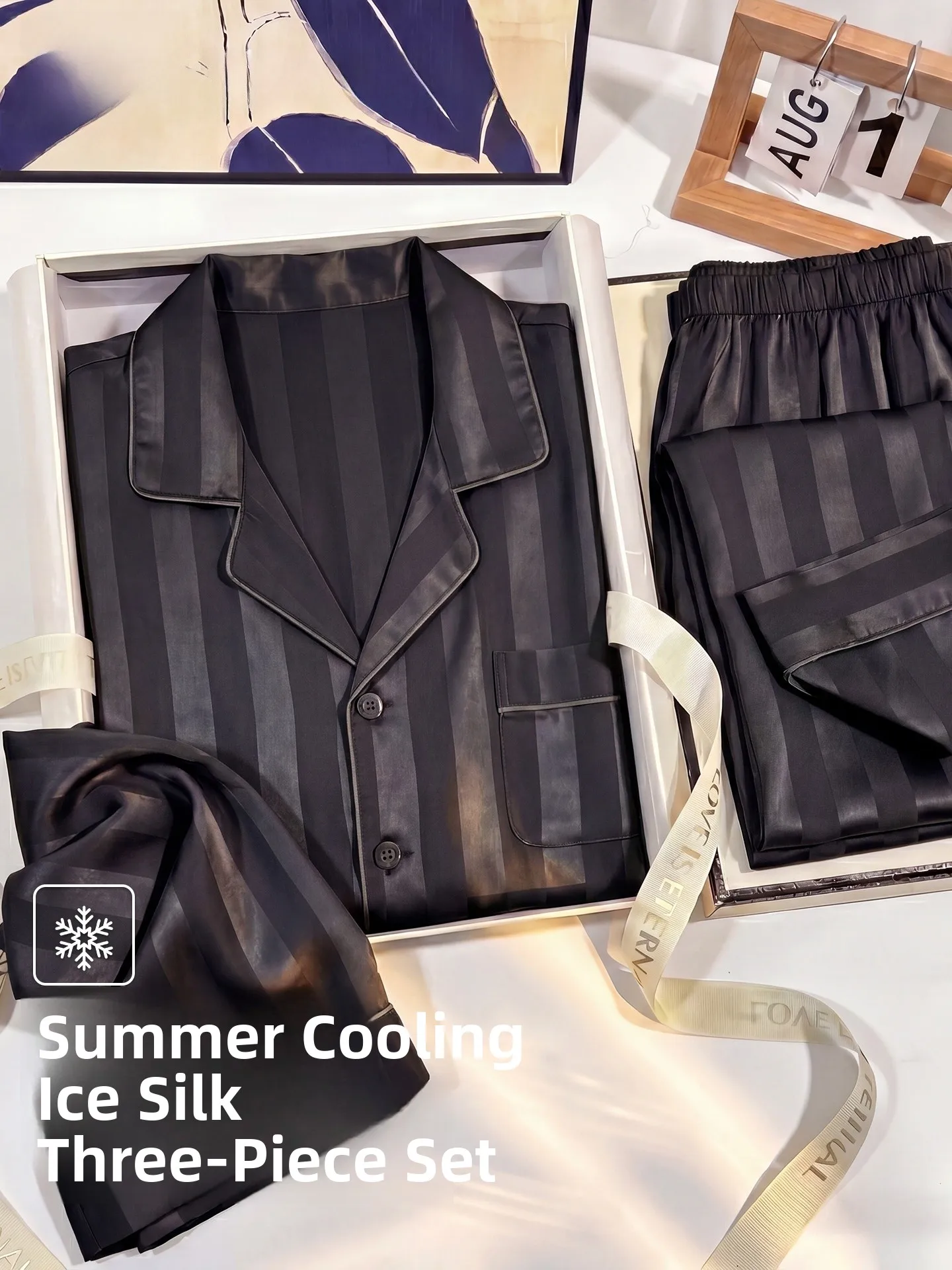 men's-summer-sleepwear-ice-silk-short-sleeve-shorts-pants-three-piece-set-real-silk-boyfriend-dad-gift-box-set-breathable-soft
