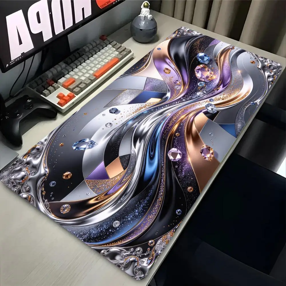 Silver Fluid Metal Abstract Rug Mouse Pad Large Size Thick Rubber For Modern Office Desk