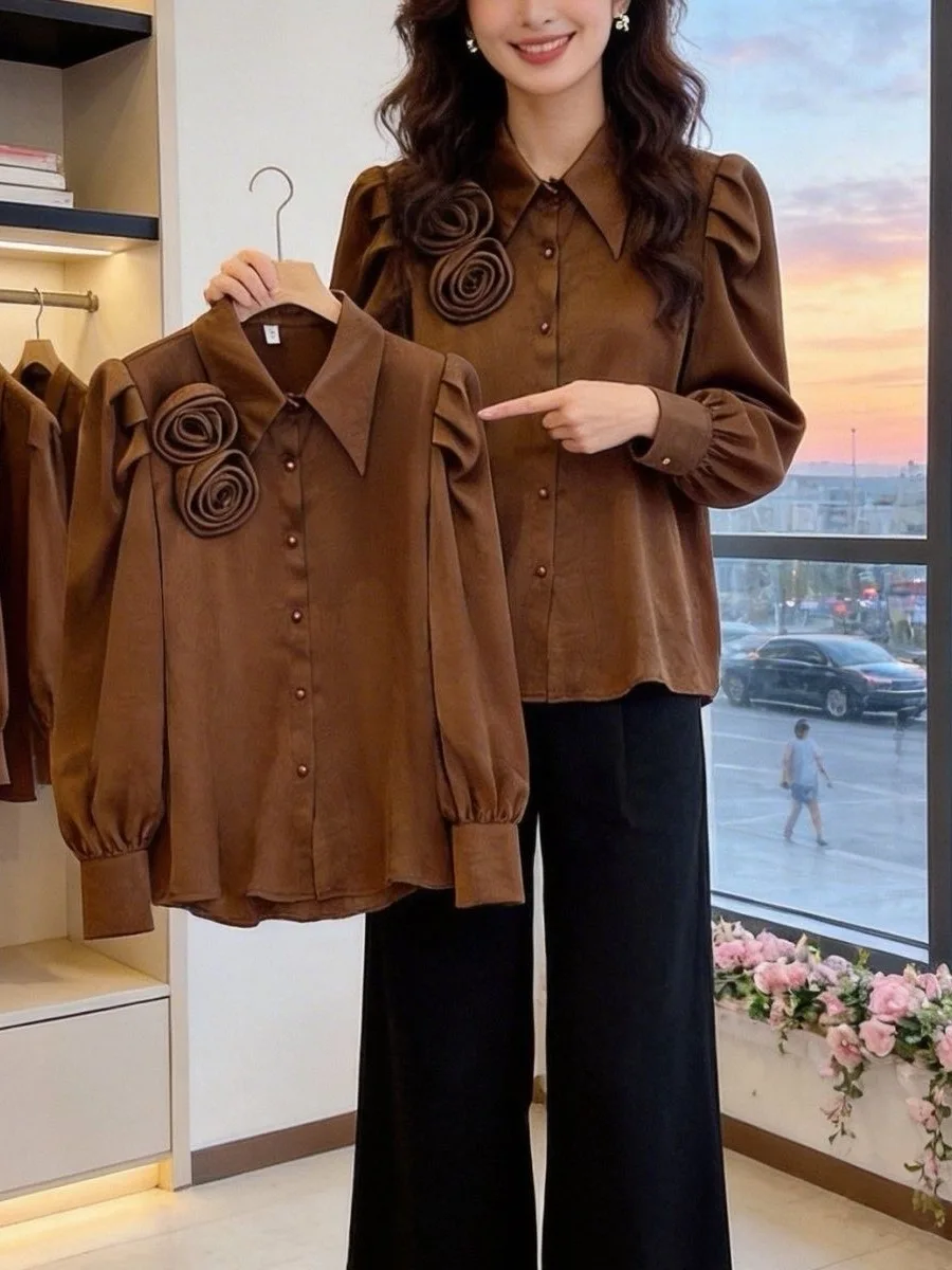 

Women's Stand Collar Bubble Sleeve Shirt V-Neck Satin Long Sleeve Floral Print Casual Business Fashion Spring Autumn New Style
