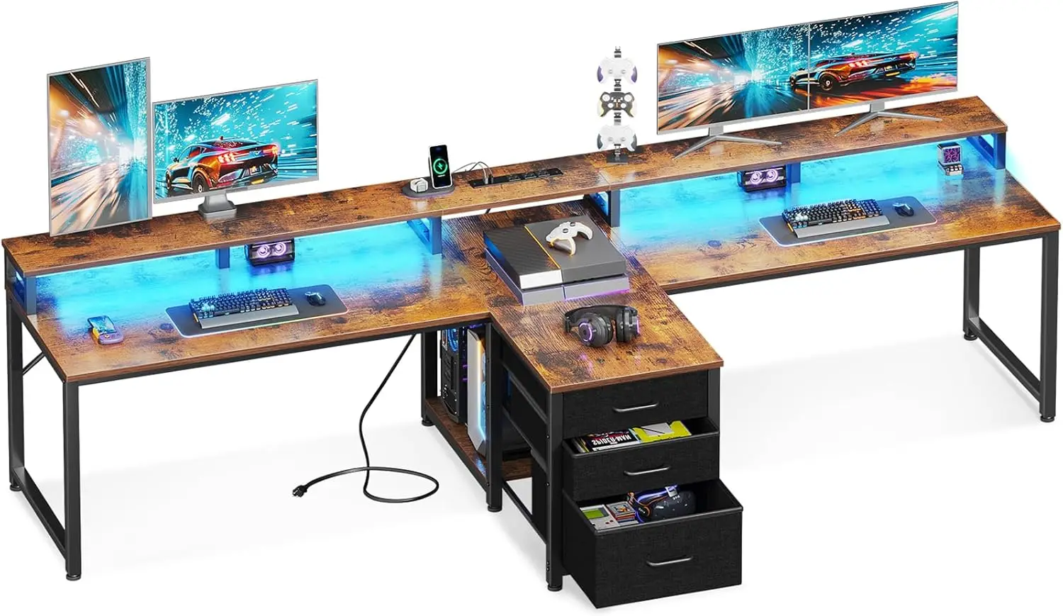 

94 Computer Desk with Fabric Drawer & File Cabinet- 2 Person Home Office Desk with Power Outlet & LED Light, Long Writ