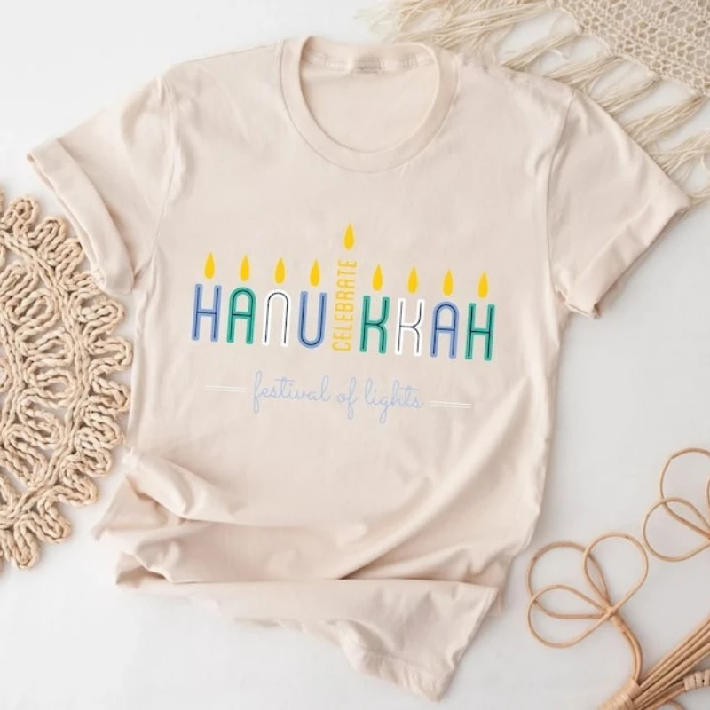 Hanukkah Menorah Shirt Hanukkah Holiday Festival of Light See Jewish Festival Jewish Religious Ritual Short Sleeve Cotton Tops
