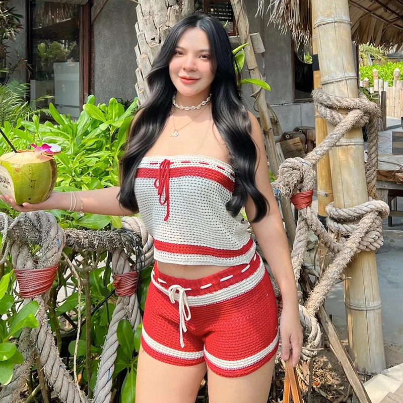 CUTENOVA Damen-Set aus Wolle, gestrickt, mit Kordelzug, Krawatte, kontrastierende Farbe, Streifen, trägerlos, aushöhlen, Tank-Top + dünne Shorts, zweiteiliges Set