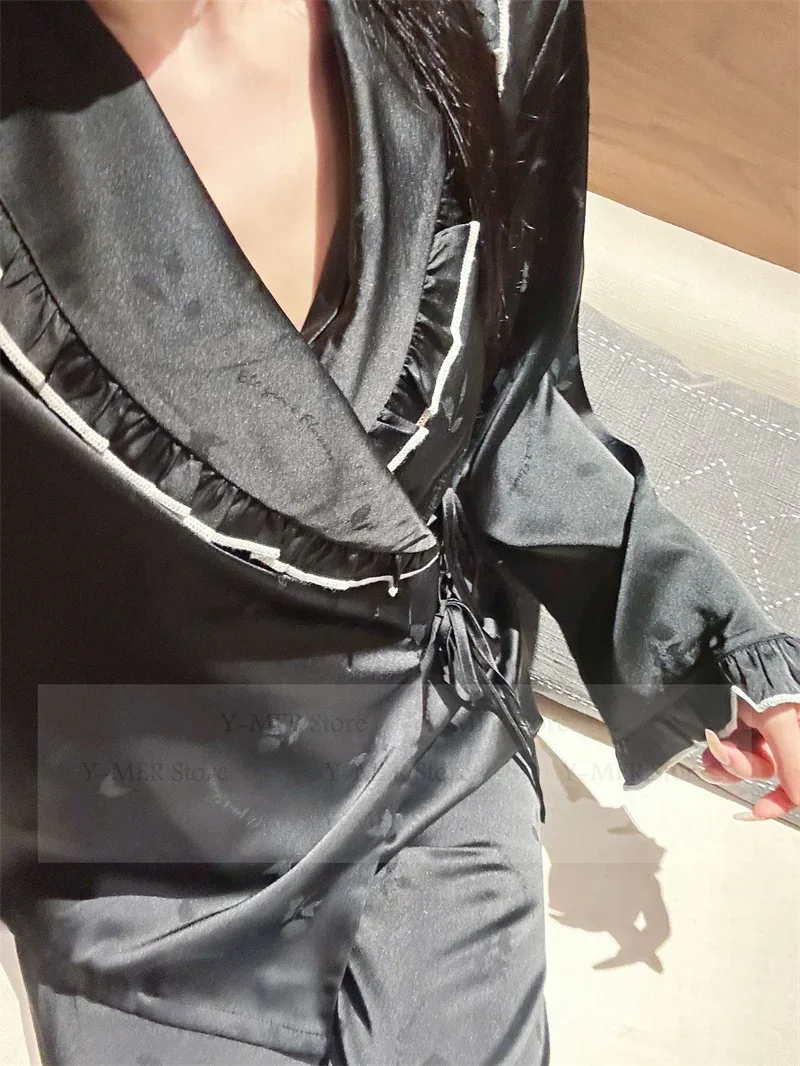 

Женские пижамы De Mujer, атласная одежда для сна, рубашка с воротником с лацканами, брюки, 2 шт., осенне-летняя новая роскошная домашняя одежда, домашняя одежда, пижамный наряд