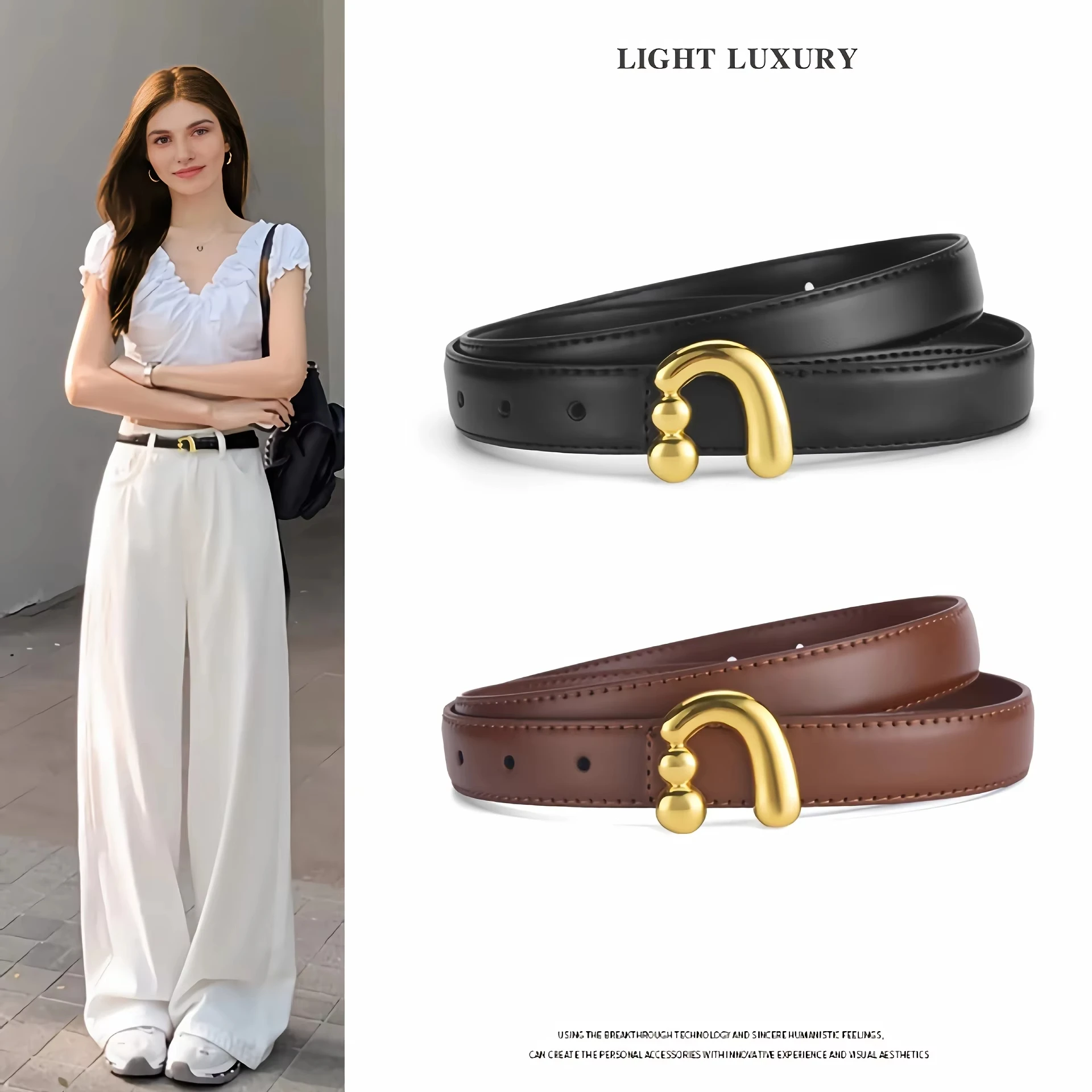 High-end C-type Round Bead Buckle Women's PU Belt Fashion Matching Skirt Jeans Belt Creative