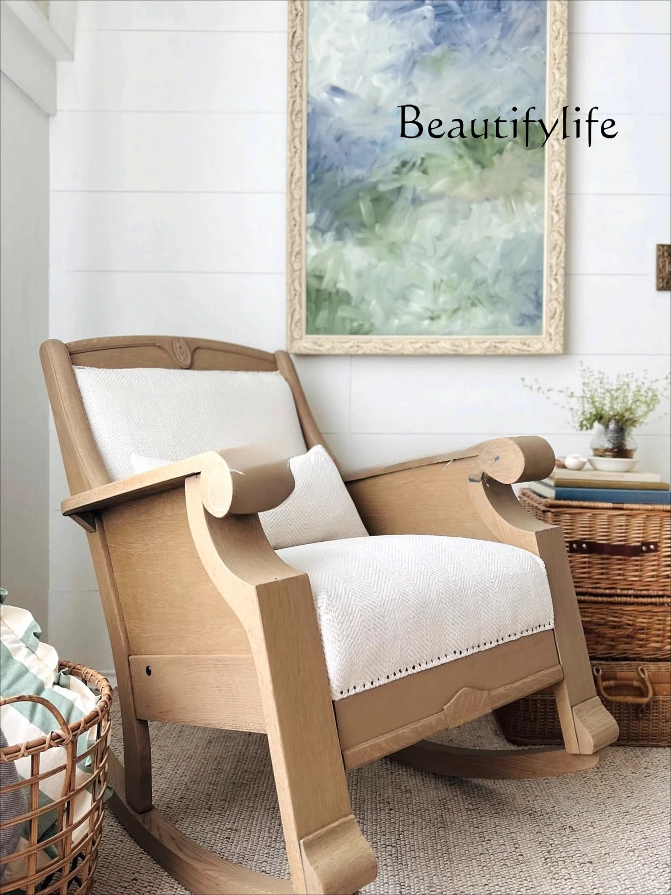 

American simple solid wood sofa small apartment living room balcony leisure bedroom single chair high back tiger chair