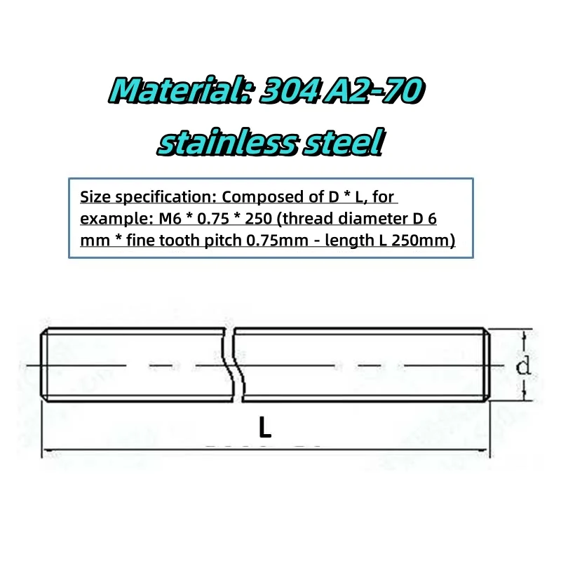 Threaded Rod M6 M8 ~ M20 304 A2-70 Stainless Steel Full Tooth Threaded Rod, Metric Fine Tooth Threaded Rod Length L=250mm