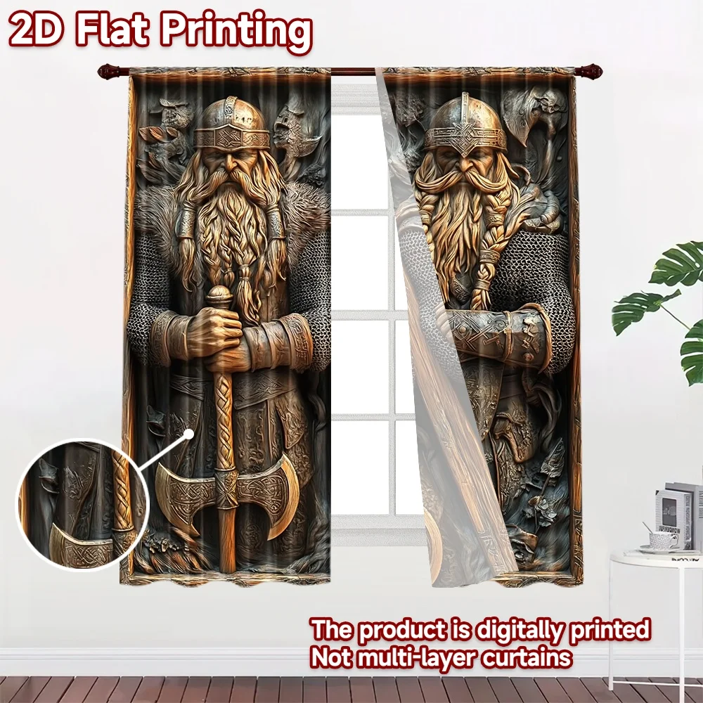 2D flat 2pcs Curtain Modern Minimalist Style Norse Dwarf Warriors Digitally printed polyester, colorfast Family Party Decoration