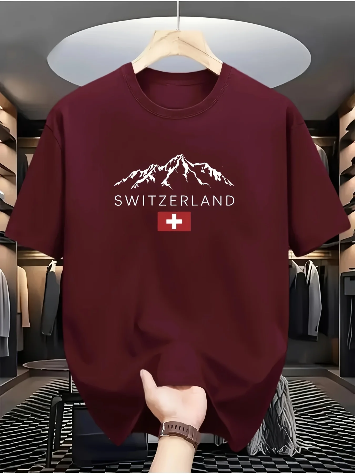 Men's Summer 100% Cotton Fashionable Casual Loose Sports Swiss Mountain Pattern Printed Round Neck Short Sleeved T-Shirt Top