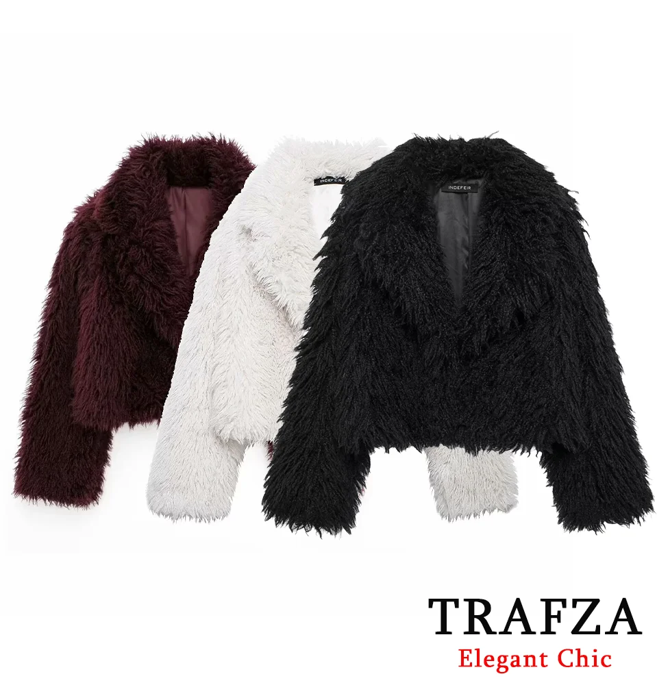 TRAFZA Women Vintage Fur-Effect Coat Lapel Faux Fur Shaggy Coat New 2024 Fall Winter High Street Romantic Glamorous Jacket Coat