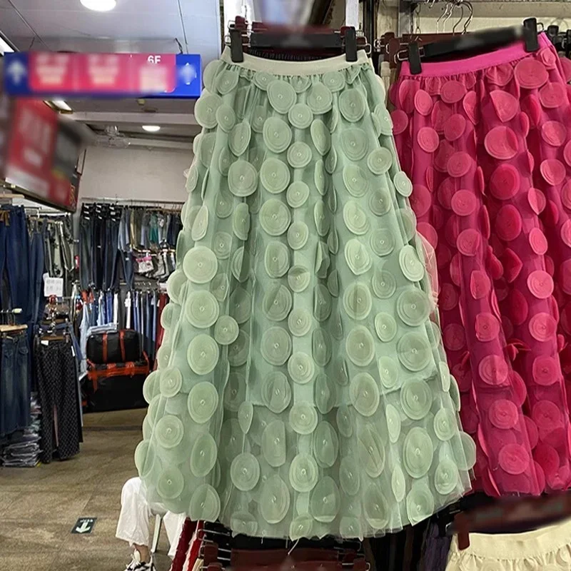 

Fashion 3D Polka Dot Tulle Long Skirt for Women Summer New Elegant Vintage A Line High Waist Midi Skirt Female Ball Gown T598