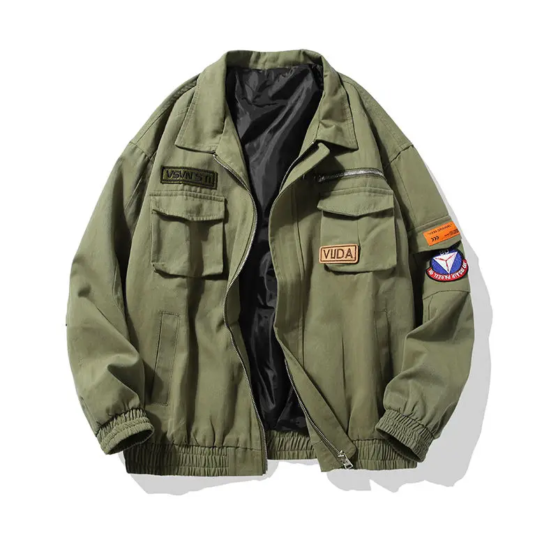 Spring Autumn Cargo Coat Men Bomber Jacket Multi-pocket Embroidery Zip Up Outerwear Loose Casual Tops Long Sleeve Outdoor Jacket